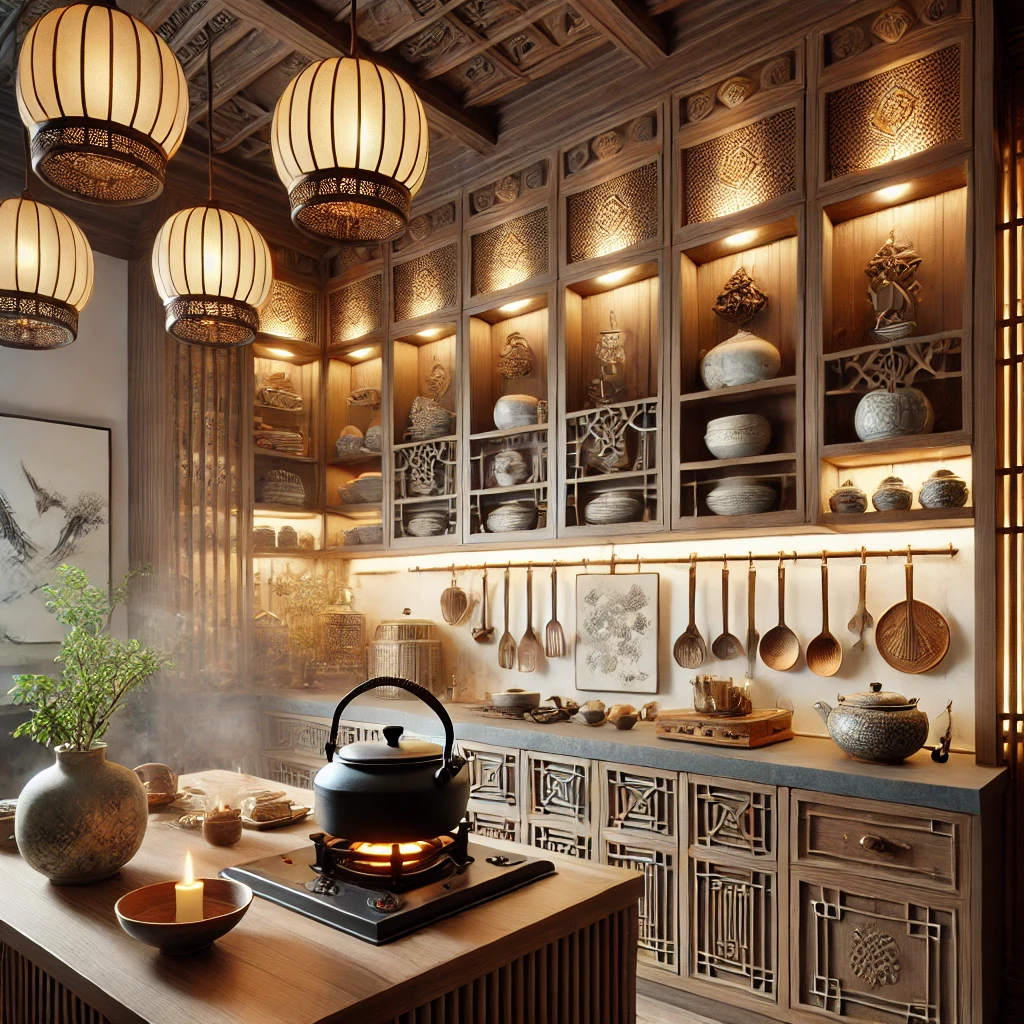 Oriental kitchen with traditional utensils, vibrant spices, and classic decor elements.