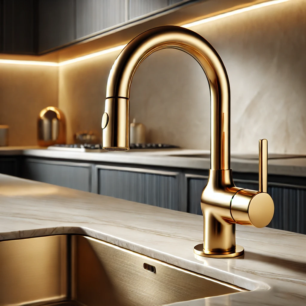 A stylish gold kitchen faucet adding luxury and elegance to a modern kitchen.