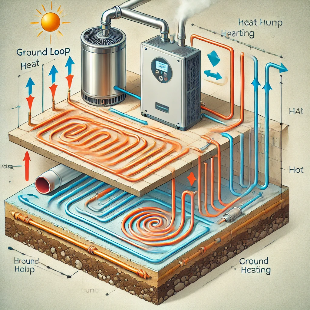  geothermal heat pump in floor heating plumbing diagram illustrating heat exchange and plumbing system.