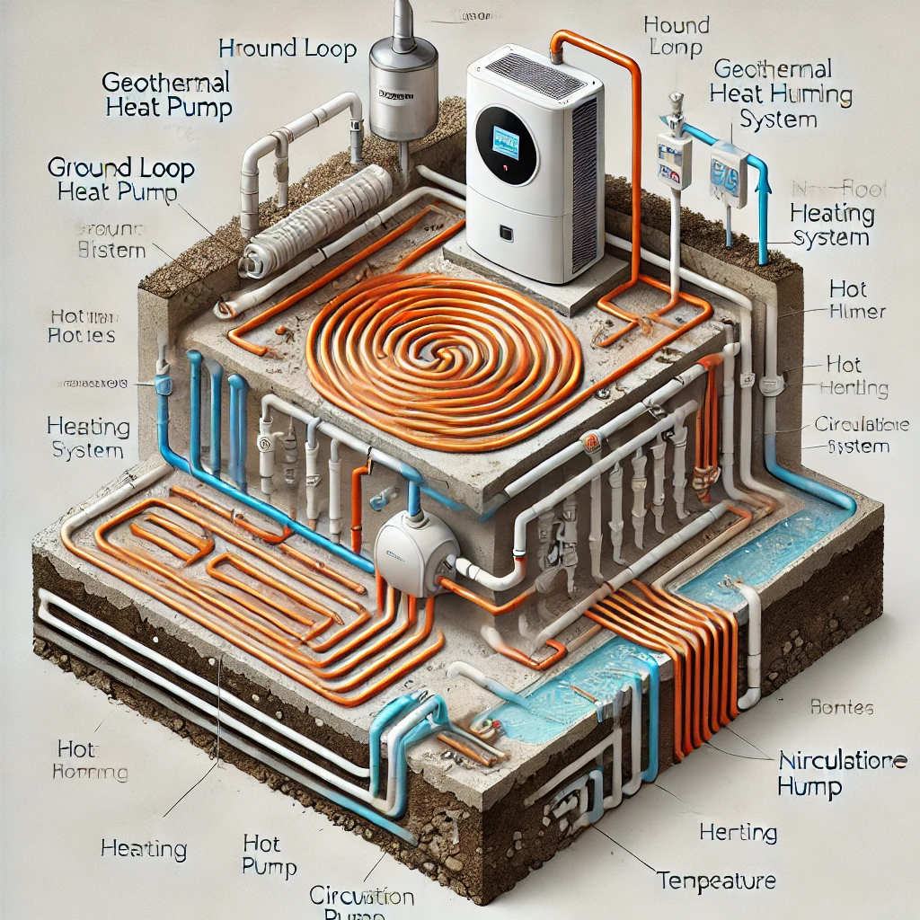 geothermal heat pump in floor heating plumbing diagram illustrating heat exchange and plumbing system.