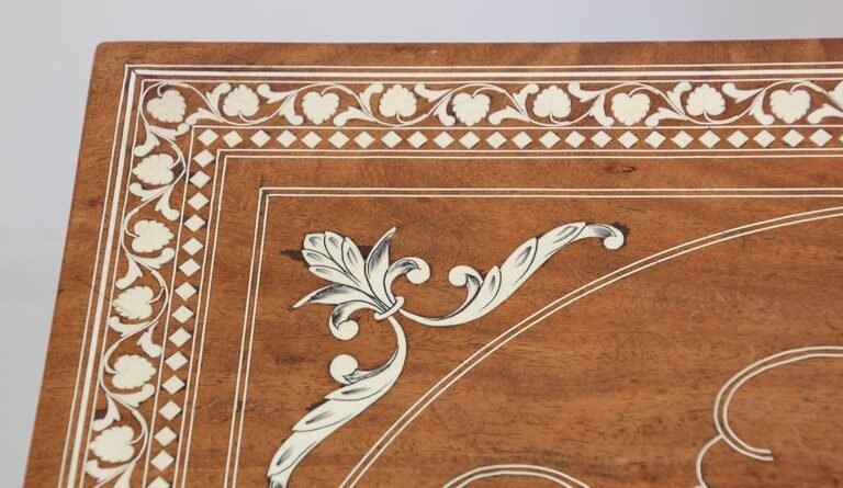 Anglo Indian Mughal teak inlaid side square table drop leaf showcasing intricate design and timeless artistry.