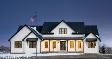 Elegant white farmhouse with rustic and modern design elements